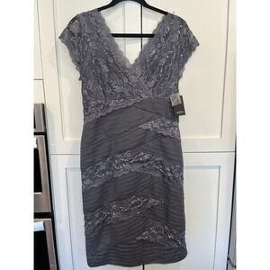 NWT Marina Gray Tiered Lace Beaded Dress Women's Size 12 Sleeveless Knee Length